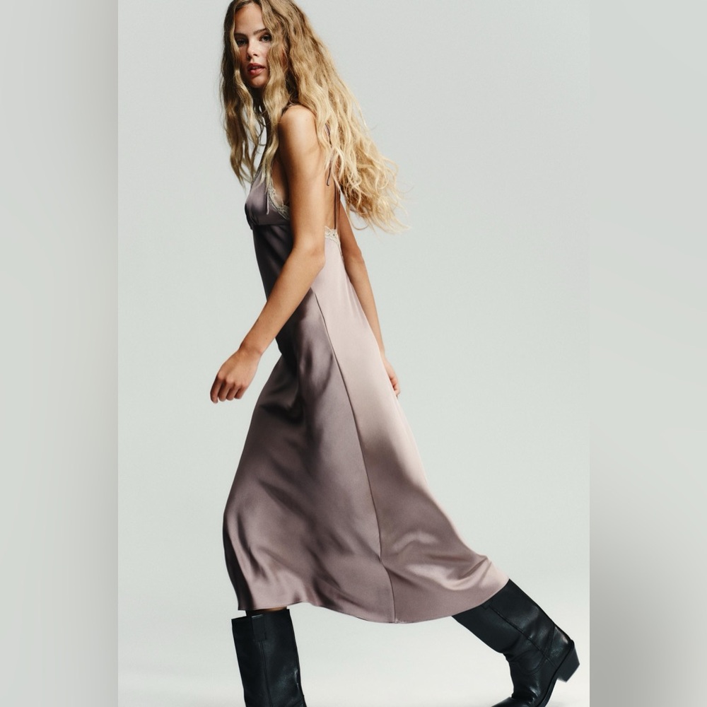 ZARA Lace -trimmed Satin Slip Dress, NWT XXL - Picture 6 of 16